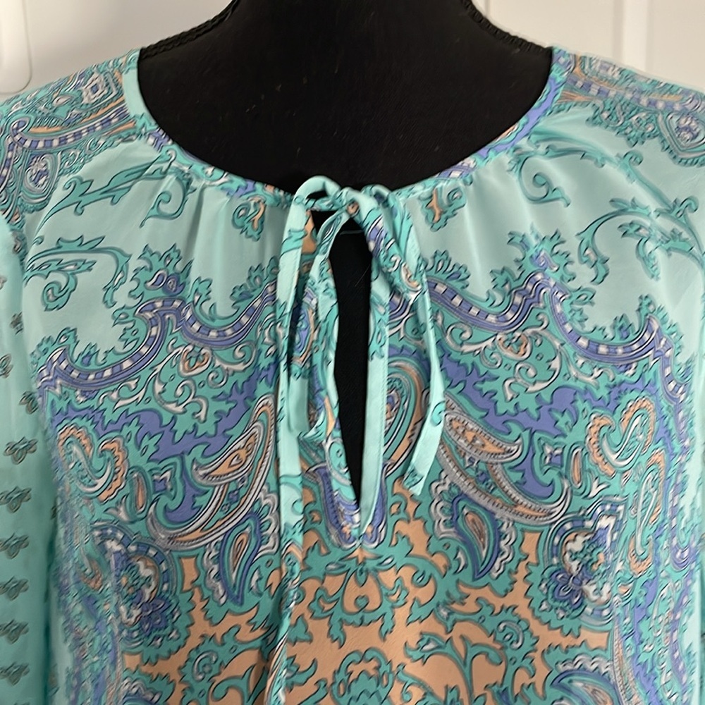 Ann Taylor Top Tunic Women Size S Aqua Purple Artisanal Print Breezy Resortwear